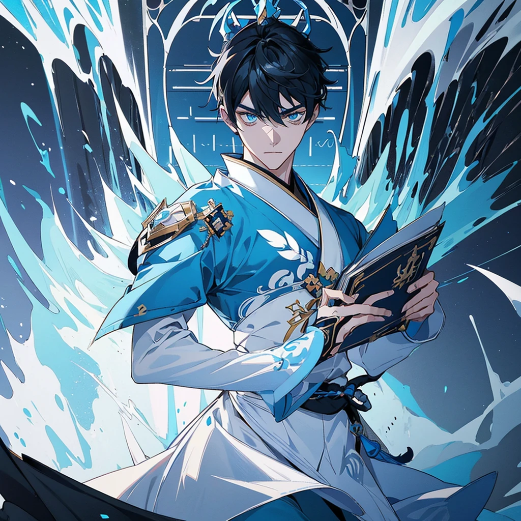 ((Genshin impact style)) (masterpiece), (high quality), (pretty boy face), 1 boy, 16 years, masculine and tall body, white skin, ((medium black hair)), ((light blue and cold eyes)), calm and neutral expression, designs from East Asian, Game character costume design, Japanese clothing style with a dark blue, white and black color palette, his is holding a book ((White background, Mathematical, blue astronomical details)), ((full body standing panting)) intricate details, lens flare,ultra high resolution,sharp focus,HD,8k,clear facial features,clear details,beautiful eyes,beautiful face