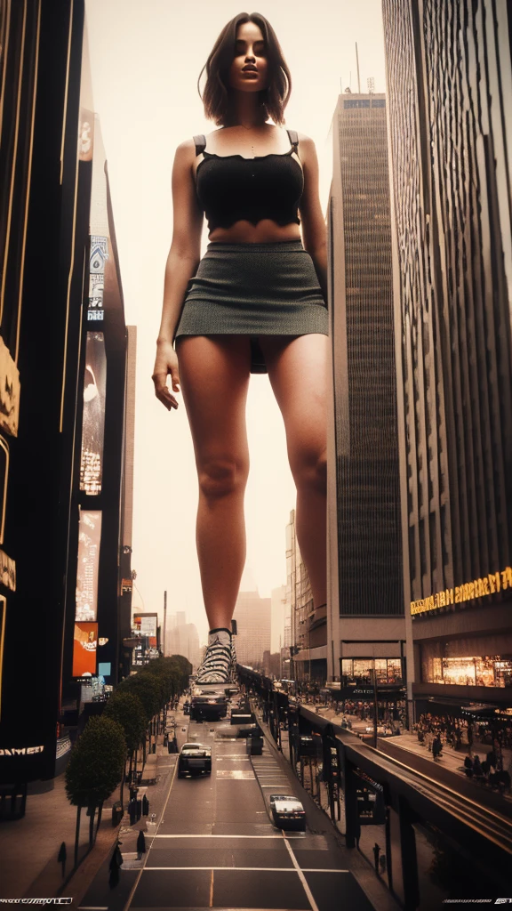 A giant woman sitting on the street playing with a cyberpunk city car, Little guys running around the giant girl, Standing on her hand, cgsociety 9, fantasy art, unreal engine render + a female spirit, whole body cgsociety, artgerm ; Surreal content, giant art, super detailed matte paintings, super detailed matte paintings, realistic fantasy art, realistic style. Beautiful girl. Big thighs."Small people standing on the roof of a tall building waving to the girl."Wearing short skirts.Jennifer Lawrence.