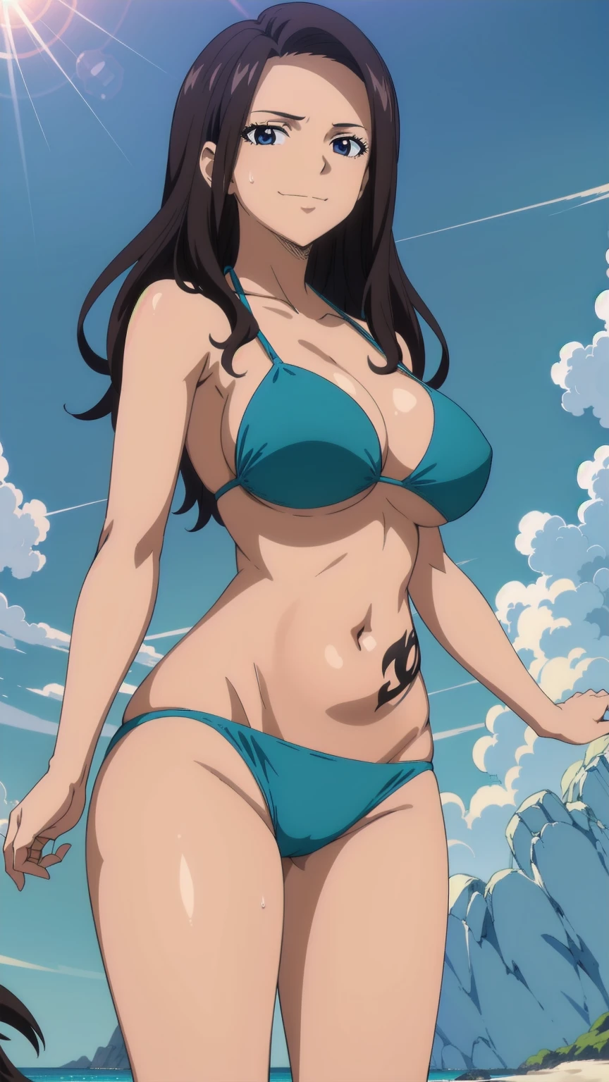 Highly detailed CG Unity 8k wallpaper, One Girl, Kanaf, tattoo, Smiling, looking at the viewer, blue theme, blue background, cloudy sky, sunlight, sweat, orgasmic, bikini swimsuit, large breasts, cleavage, belly button exposed, collarbone, thighs, sea and beach,