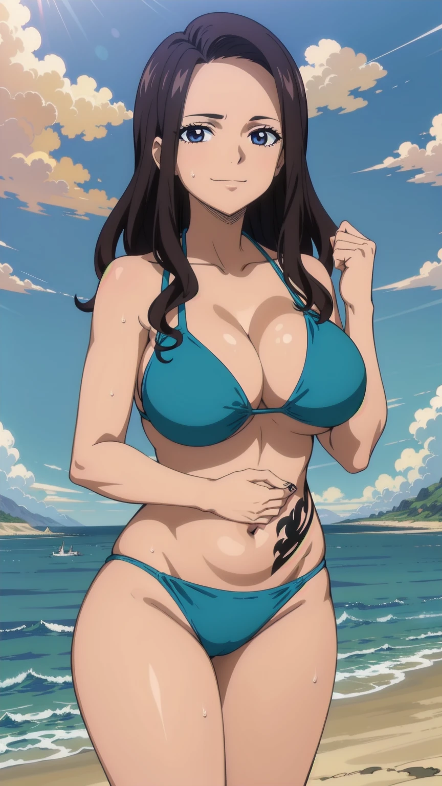 best quality, (masterpiece:1.2), detailed, perfect face, beautiful face, Touko, 1girl, mole under eye, mole, solo, black hair, beach, open mouth, sidelocks, white shirt, breasts, large breasts, long hair, medium hair, bikini, hot, dynamic pose, embarrassed expression, shy expression, closed mouth, hiding her breast, touching her breast, shy, closed mouth, hot, big thighs, big breast, dynamic pose, she is stripping, she is showing her breast, she is grabbing her breast, she is touching her breast, she has a short skirt