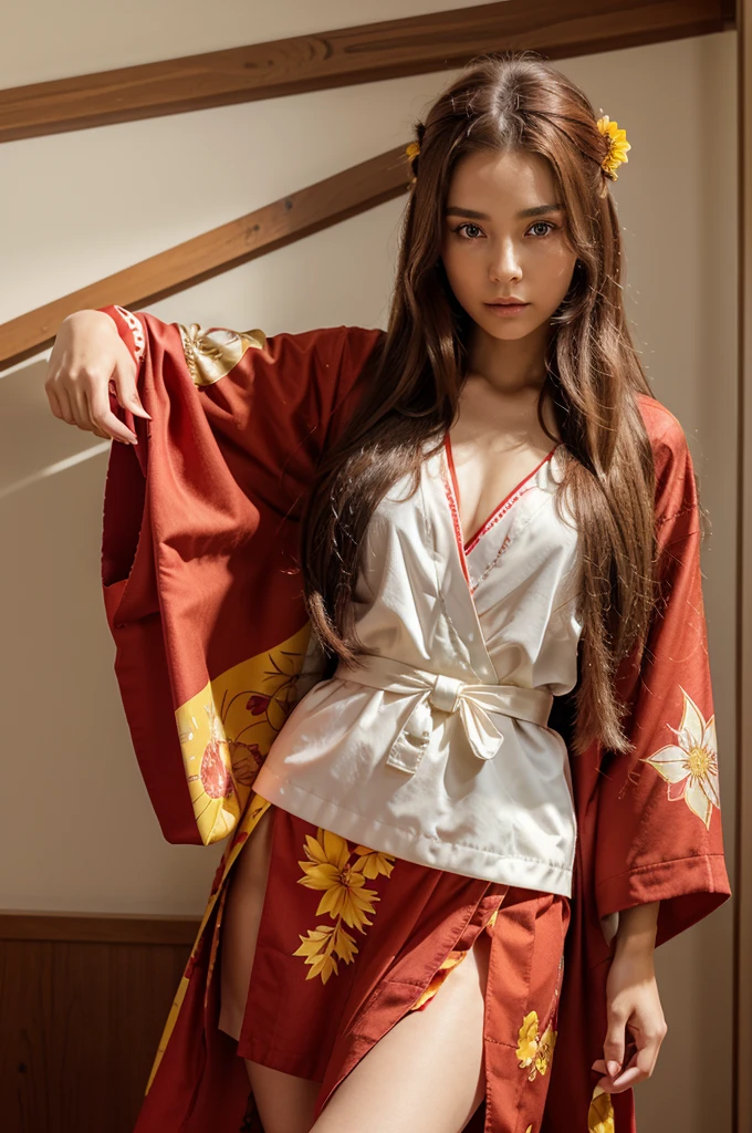 An anime character
A female ager with long, flowing brown hair.
She wears a traditional red and yellow kimono, with the hem of the skirt ending above the knee.
Red accessories, such as a belt or obi, would be worn to tie the kimono together.
A red, flower-shaped pin in her hair would match the other scarlet accents.
Finally, her eyes would be of a vibrant red color.