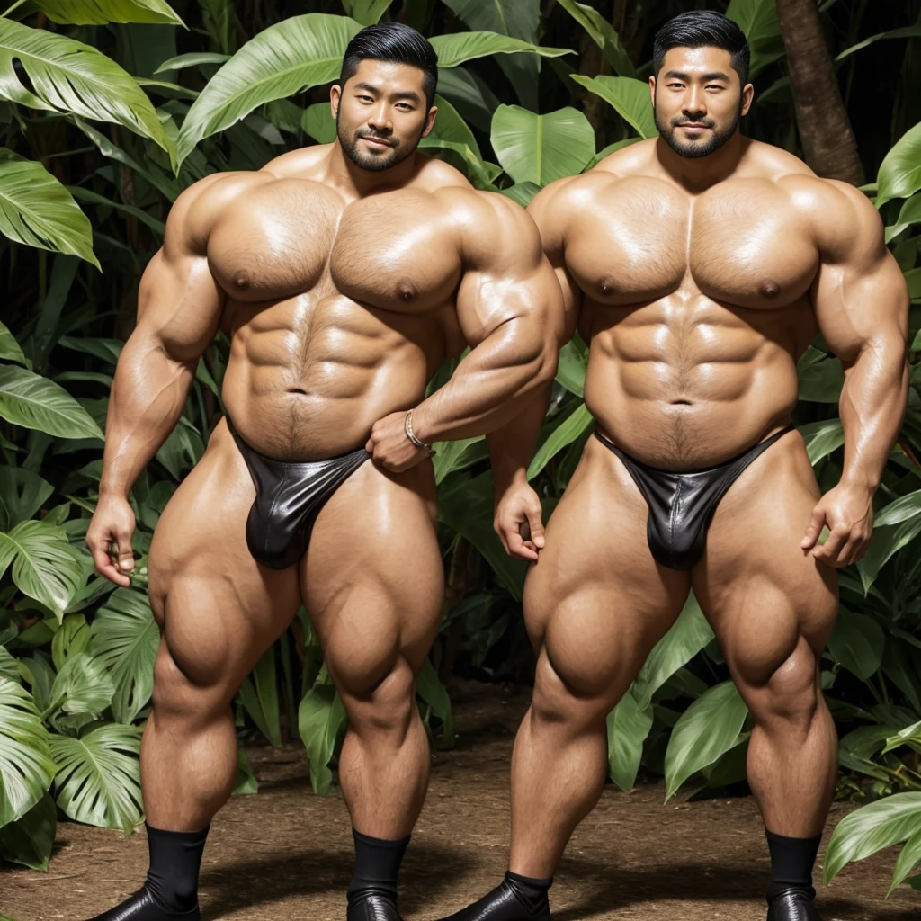 There is only one handsome Asian actor in the photo,35 years old,High target, Fitness,short hair, O-Shaped Beard,Perfect body, Dark skin color,Radiant Skin,Smooth skin,Muscle bulge, muscular, Very large pectoral muscles,Very sexy abdominal muscles,Very well-developed leg muscles,Huge concave and convex area,Brightens oily skin,Wearing a gold leather shiny thong,Handsome face, Correct and accurate male body proportions, Wear black socks,Stand in the rainforest,Lots of tropical flowers around。