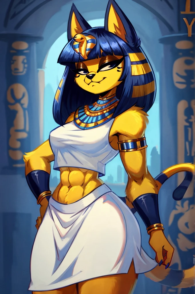 ((best quality)), ((masterpiece)), (detailed), a digital sideview artwork of a long-haired ankha with abs wearing a crop top of her white sleeveless dress with white long skirt, a bare midriff and a bare navel, ((trending on artstation)), ((4k)), furry, anthro style, 2d style, smug face,blue Egyptian handbands
