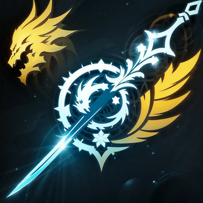 a logo using a sword, very simple for a light faction in an RPG world, light emblem, just yellow color, mighty, concentrated, dreamy, purify, Symmetrical, chic, high qualiy, com fundo branco