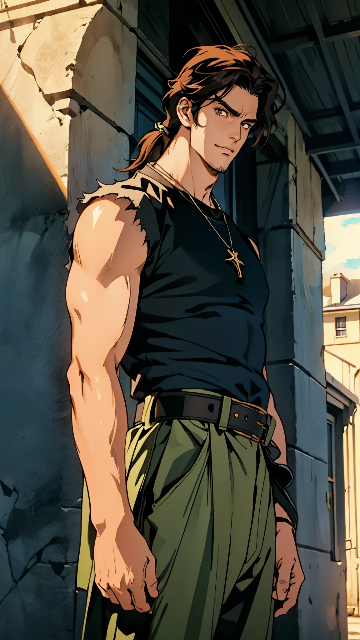 (masterpiece:1.2, best quality, extremely delicate), a man with short brown hair, a short ponytail, brown skin, a handsome face, deep eyes, a wild smile, stubble on his chin, wears a necklace with fangs, a muscular build, a fantasy-reality style blue open short vest, sleeveless, a cloth band on his arm, a yellow belt, green cargo pants, stands on an endless coastline, this character embodies a finely crafted fantasy-reality style rogue in anime style, exquisite and mature manga art style, dramatic, high definition, highres, ultra-detailed, ultra-fine painting, professional, perfect body proportions, golden ratio, anatomically correct, symmetrical face, extremely detailed eyes and face, high quality eyes, creativity, RAW photo, UHD, 32k, Natural light, cinematic lighting, masterpiece-anatomy-perfect