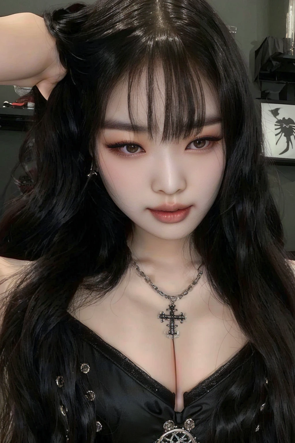 araffed asian woman with long black hair wearing a corset, cruel korean goth girl, korean girl, with long hair and piercing eyes, jaeyeon nam, ulzzang, lalisa manobal, she has black hair with bangs, heonhwa choe, beautiful south korean woman, beads cross onbare chest, japanese goddess, pale goth beauty