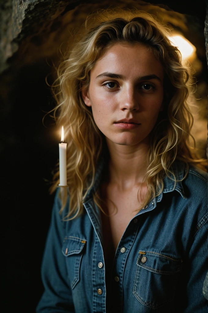 photograph of a woman, (troubled facial expression), textured skin, goosebumps, blonde afro hair, plaid flannel shirt with distressed boyfriend jeans, cowboy shot, dark and mysterious cave with unique rock formations and hidden wonders, perfect eyes, (candlelight,chiaroscuro), Porta 160 color, shot on ARRI ALEXA 65, bokeh, sharp focus on subject, shot by Don McCullin