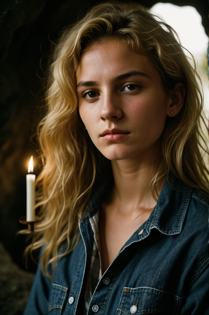 photograph of a woman, (troubled facial expression), textured skin, goosebumps, blonde afro hair, plaid flannel shirt with distressed boyfriend jeans, cowboy shot, dark and mysterious cave with unique rock formations and hidden wonders, perfect eyes, (candlelight,chiaroscuro), Porta 160 color, shot on ARRI ALEXA 65, bokeh, sharp focus on subject, shot by Don McCullin