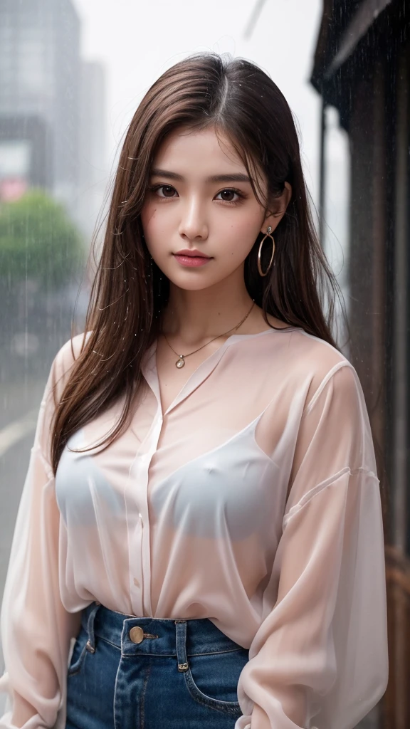 A beautiful 20-year-old woman with long brown hair and brown eyes. She has brown eyeshadow, a light pink blush on her cheeks, and a beauty mark under her left eye. She is standing in heavy rain, with her face and hair drenched. She is wearing a white blouse, a necklace, and earrings with piercings on her earlobes. The blouse is soaked, becoming translucent and clinging to her skin. The rain creates a cinematic glow with detailed raindrops and a dim, rainy atmosphere.