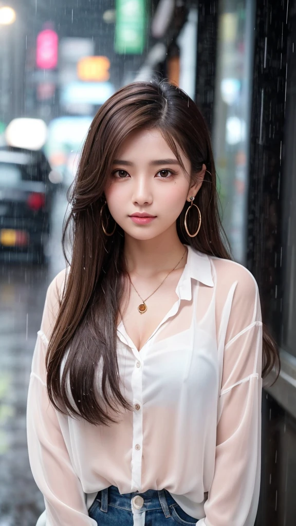 A beautiful 20-year-old woman with long brown hair and brown eyes. She has brown eyeshadow, a light pink blush on her cheeks, and a beauty mark under her left eye. She is standing in heavy rain, with her face and hair drenched. She is wearing a white blouse, a necklace, and earrings with piercings on her earlobes. The blouse is soaked, becoming translucent and clinging to her skin. The rain creates a cinematic glow with detailed raindrops and a dim, rainy atmosphere.