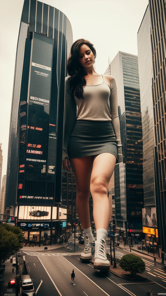 A giant woman sitting on the street playing with a cyberpunk city car, Little guys running around the giant girl, Standing on her hand, cgsociety 9, fantasy art, unreal engine render + a female spirit, whole body cgsociety, artgerm ; Surreal content, giant art, super detailed matte paintings, super detailed matte paintings, realistic fantasy art, realistic style. Beautiful girl. Big thighs."Small people standing on the roof of a tall building waving to the girl."Wearing short skirts.Jennifer Lawrence.