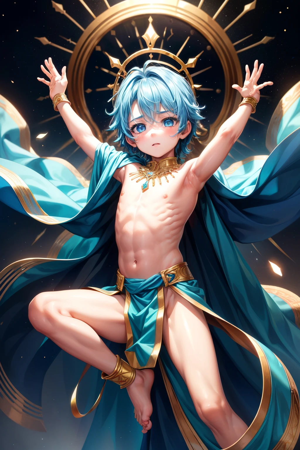 4k resolution, (Masterpiece:1), A small boy with vibrant, iridescent, cyan eyes and bare feet, arms raised in a triumphant pose, evoking an epic, cinematic feel. (Young:1.4), (Child:1.4), (Shota:1.4), (Male:1.4), (Boy:1.4), adorned in royal clothes fit for a king, evoking a sense of Royalty (1.4). The image focuses on his small, blushing feet, adding a touch of innocence and vulnerability to his epic posing. (Posing:1.4), (Cinematic:1), golden shiny