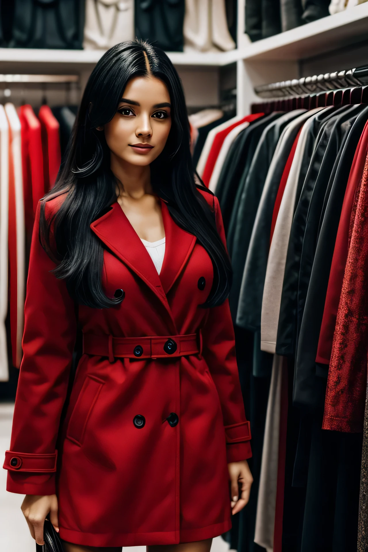 woman, black hair, red dress, with long stuffed jacket, in a fashion store, looking at the camera