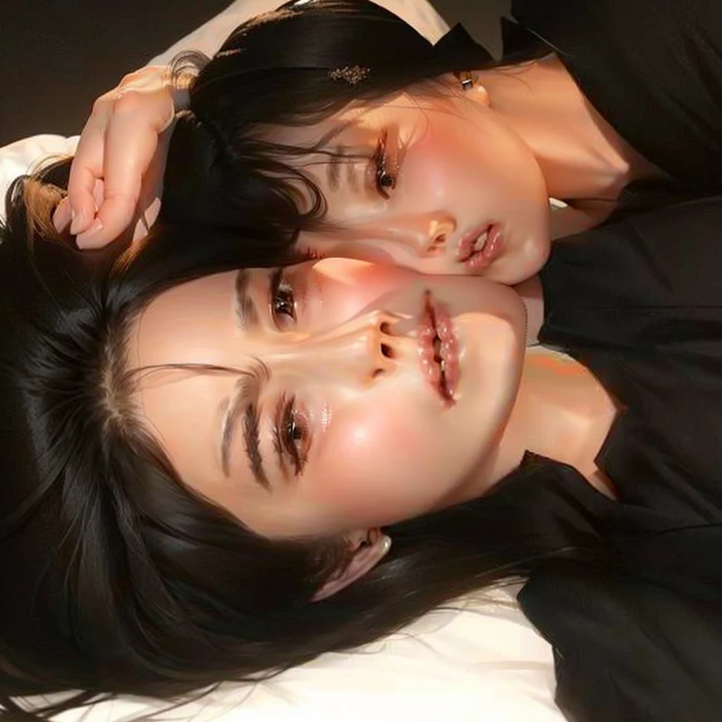 there is a woman laying on a bed with a man, tumblr, handsome face and beautiful face, realistic. cheng yi, clear lips and high quality, couple pose, omg, lovely couple, dilraba dilmurat, soft eyes and narrow chin, in love selfie, eyes in forehead, her face looks like an orchid, perfect face and boy, attractive photo, jennie face, jennie structure jennie eye jennie suspicious jennie nose  