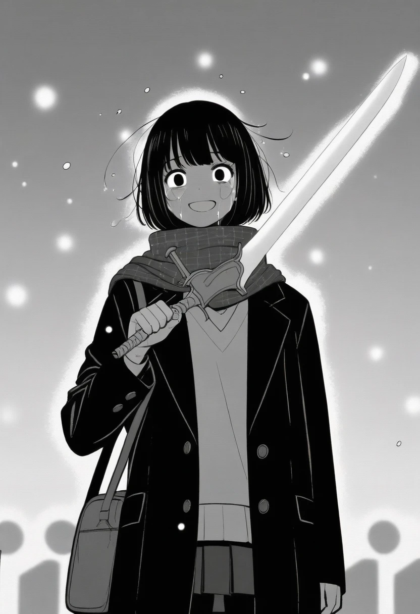 masterpiece, best quality, 1girl, mamerakkkkko, grayscale, manga style, japanese, chi no wadachi, black eyes, street, iced, black hair, schoolbag, smile, lineart, black coat, black scarf, black pleated skirt, leggings, centered, 18 years old, tall, fair skinned, bokeh background, crying, tears, tears streaming, bob cut, light particles, snowing, (((holding sword, perfect hand, detailed hand:1.1)), emotional anime scene
