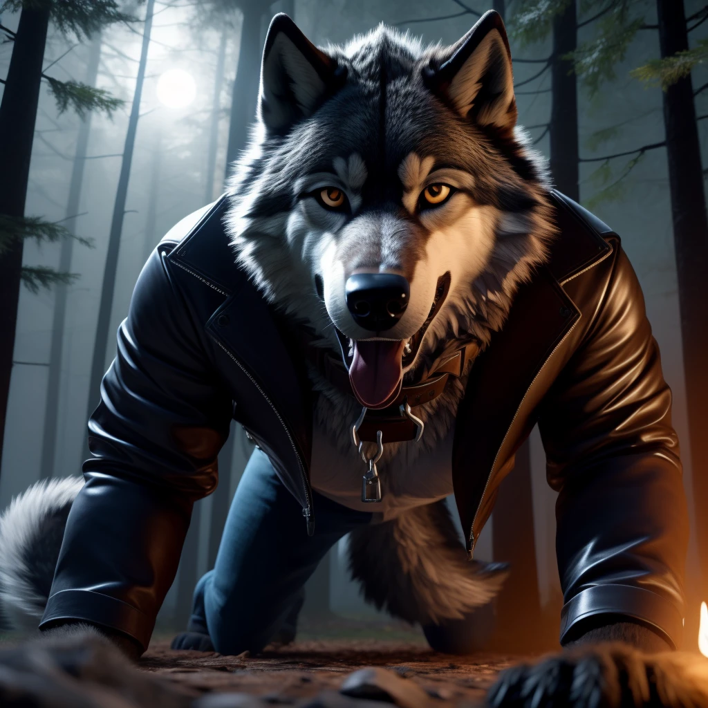 Running on all fours through forest, Male, 30 years old, happy, mouth open with tongue hanging out, black leather jacket, anthro, wolf ears, (black fur:1.5), wolf, forest background, 8k, hi res, (best quality, masterpiece), (wolf tail:1.5), detailed fur, solo, looking at camera, night, leashing and collar, blue jeans,