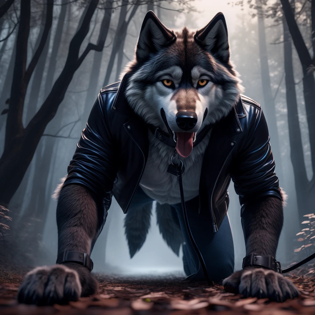 Running on all fours through forest, Male, 30 years old, happy, mouth open with tongue hanging out, black leather jacket, anthro, wolf ears, (black fur:1.5), wolf, forest background, 8k, hi res, (best quality, masterpiece), (wolf tail:1.5), detailed fur, solo, looking at camera, night, leashing and collar, blue jeans,