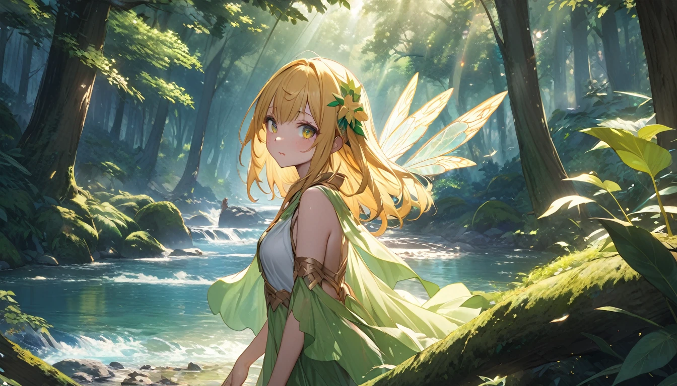 (8K,masterpiece,Highest quality),Hyper Detail,Primary forest,Golden hair shortcut、A fairy girl with a fleeting expression、Sunlight filtering through the trees、river、Highly detailed face、pupil、whole body