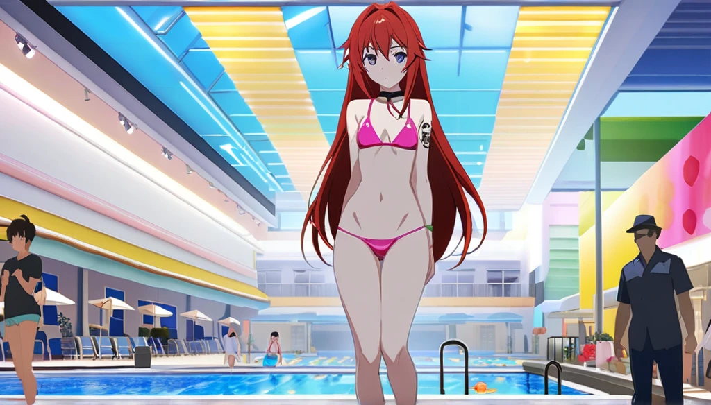 ((Anime Infinite Stratos nfsw Art)), The theme is pool party.  It's daytime.  The setting is a pool club, there are several pools, several people(multiple:1.1) in swimwear nearby, some slides, some pool chairs, some food stores nearby.  The focus of the scene is an 14-year-old girl, very short stature(150cm tall), very messy red hair(long:2.2), beautiful and slightly rounded face, purple eyes(bright:1.9), white redhead skin, tattoo covering the left buttock extending to the left leg, short , flat , thin waist, nice (large:2.1), very fat and round (large:2.3), round thighs(large:1.2), wears a pink short  , fragile behavior, walking around the scene, fullbody vision(far:1.1), makes the men on the scene crazy with lust.  The atmosphere is fun.  Everyone has fun.