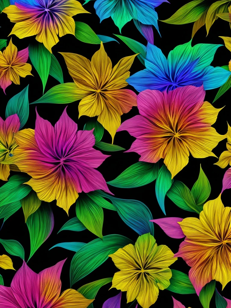 black tropical flowers made of transparen color liquids, an attractive iridescent fractal universal gold background, pov, masterpiece