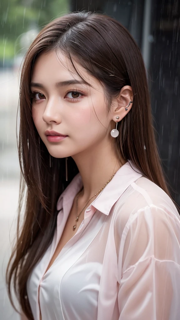 A beautiful 20-year-old woman with long brown hair and brown eyes. She has brown eyeshadow, a light pink blush on her cheeks, and a beauty mark under her left eye. She is standing in heavy rain, with her face and hair drenched. She is wearing a white blouse, a necklace, and earrings with piercings on her earlobes. The blouse is soaked, becoming translucent and clinging to her skin. The rain creates a cinematic glow with detailed raindrops and a dim, rainy atmosphere.