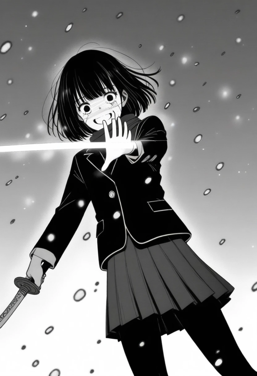 masterpiece, best quality, 1girl, mamerakkkkko, grayscale, manga style, japanese, chi no wadachi, black eyes, street, iced, black hair, schoolbag, smile, lineart, black coat, black scarf, black pleated skirt, leggings, centered, 18 years old, tall, fair skinned, bokeh background, crying, tears, tears streaming, bob cut, light particles, snowing, (((wielding sword with left hand, perfect hand, detailed hand:1.1)), emotional anime scene