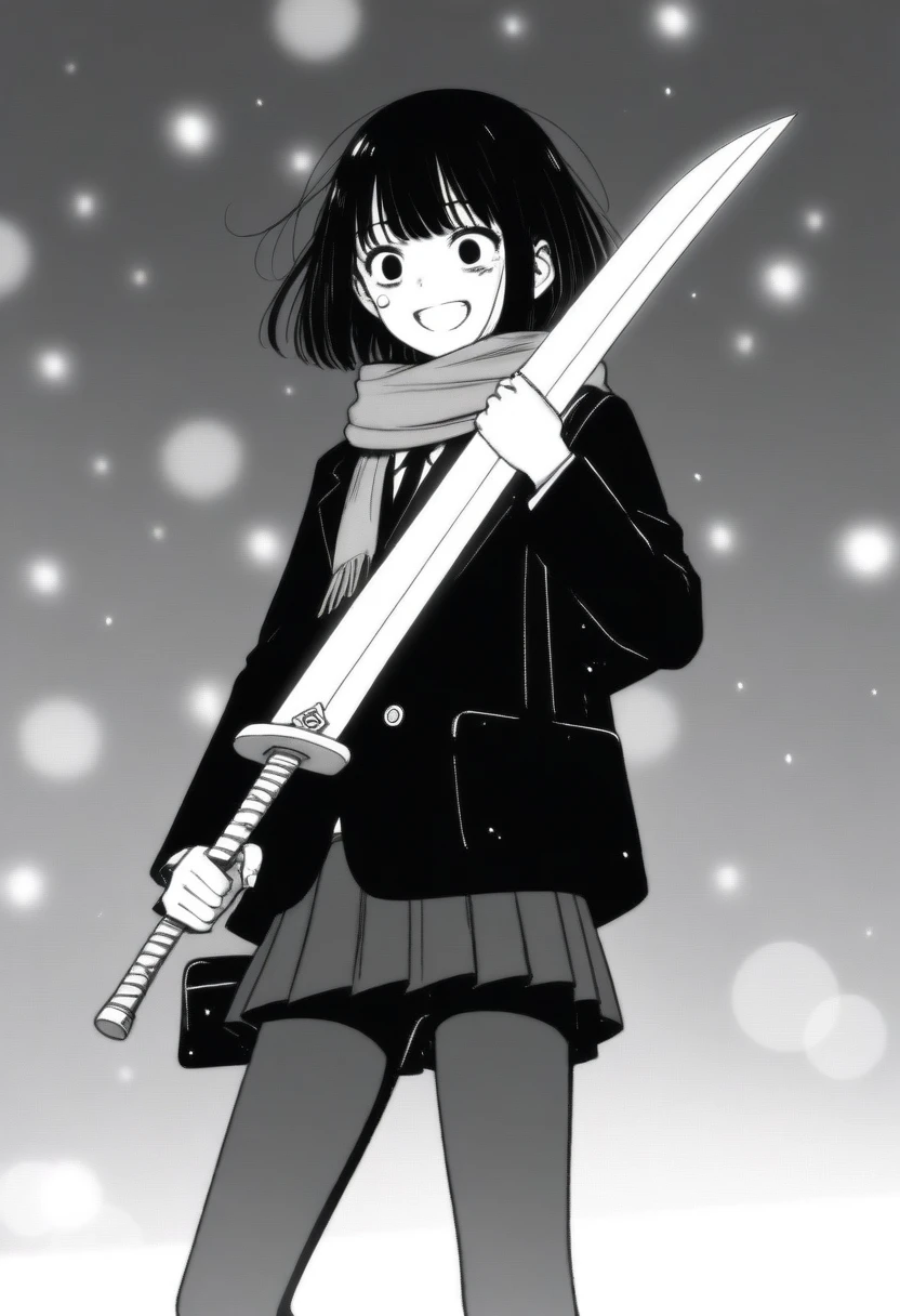 masterpiece, best quality, 1girl, mamerakkkkko, grayscale, manga style, japanese, chi no wadachi, black eyes, street, iced, black hair, schoolbag, smile, lineart, black coat, black scarf, black pleated skirt, leggings, centered, 18 years old, tall, fair skinned, bokeh background, crying, tears, tears streaming, bob cut, light particles, snowing, (((wielding sword with left hand, perfect hand, detailed hand:1.1)), emotional anime scene