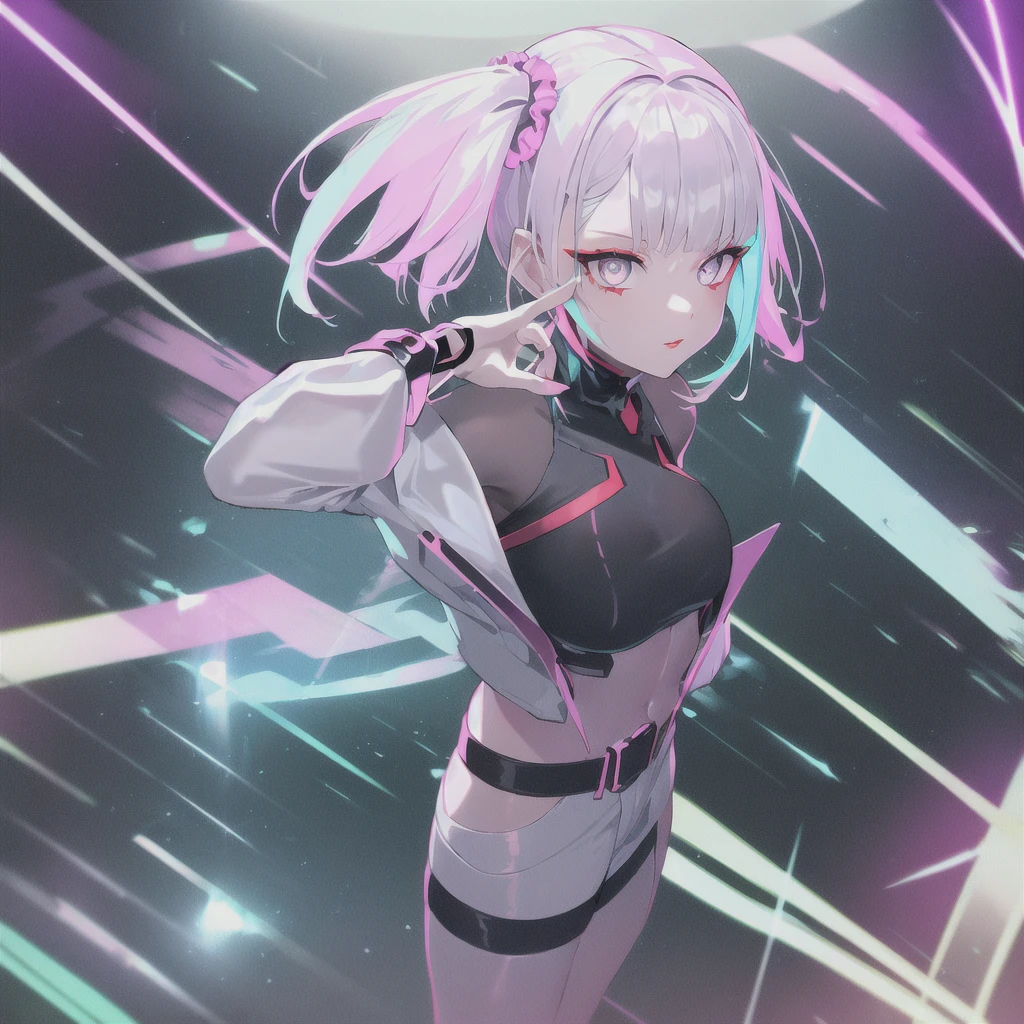 lucy \(cyberpunk\), 1girl, hair scrunchie, hime cut, silver hair, colored tips, full moon, grey eyes, jacket, long sleeves, looking at viewer, medium hair, multicolored hair, parted bangs, parted lips, pink hair, portrait, red eyeliner, red lips, solo, white jacket, cyberpunk \(series\), rainy night in a cyberpunk city with glowing neon lights