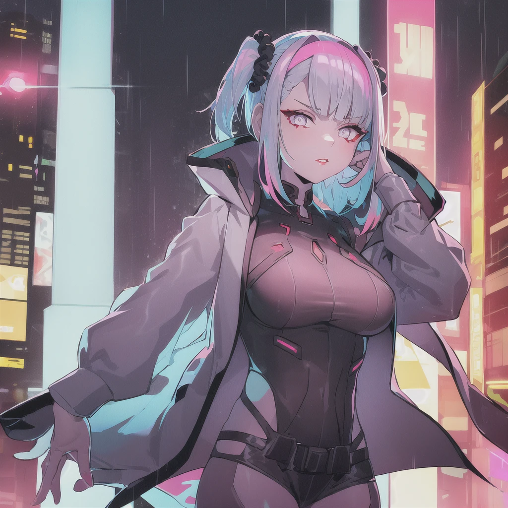 (masterpiece, best quality:1.3), lucy, 1girl, (multicolored hair:1.2), lucy (cyberpunk), cyberpunk, bare shoulders, (smile:0.6), looking at viewer, leotard, solo focus, bangs, red lips, , red eyeliner, elder sister, <lora:lucy0ax02:0.75>