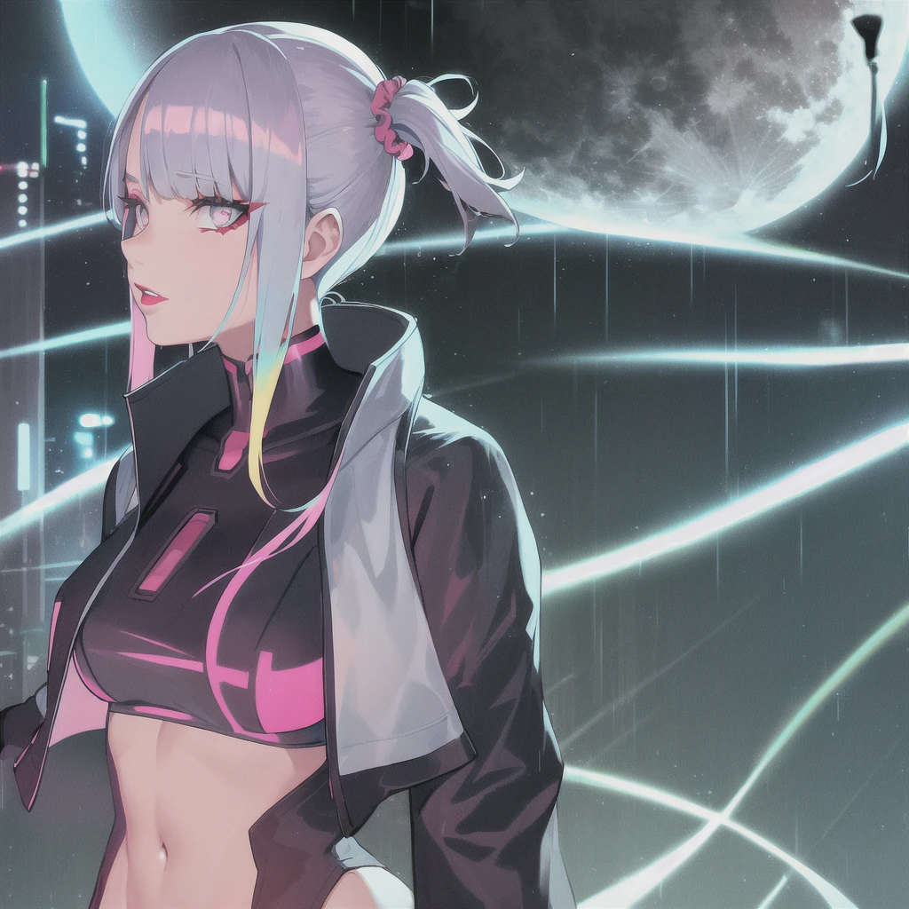 lucy \(cyberpunk\), 1girl, hair scrunchie, hime cut, silver hair, colored tips, full moon, grey eyes, jacket, long sleeves, looking at viewer, medium hair, multicolored hair, parted bangs, parted lips, pink hair, portrait, red eyeliner, red lips, solo, white jacket, cyberpunk \(series\), rainy night in a cyberpunk city with glowing neon lights