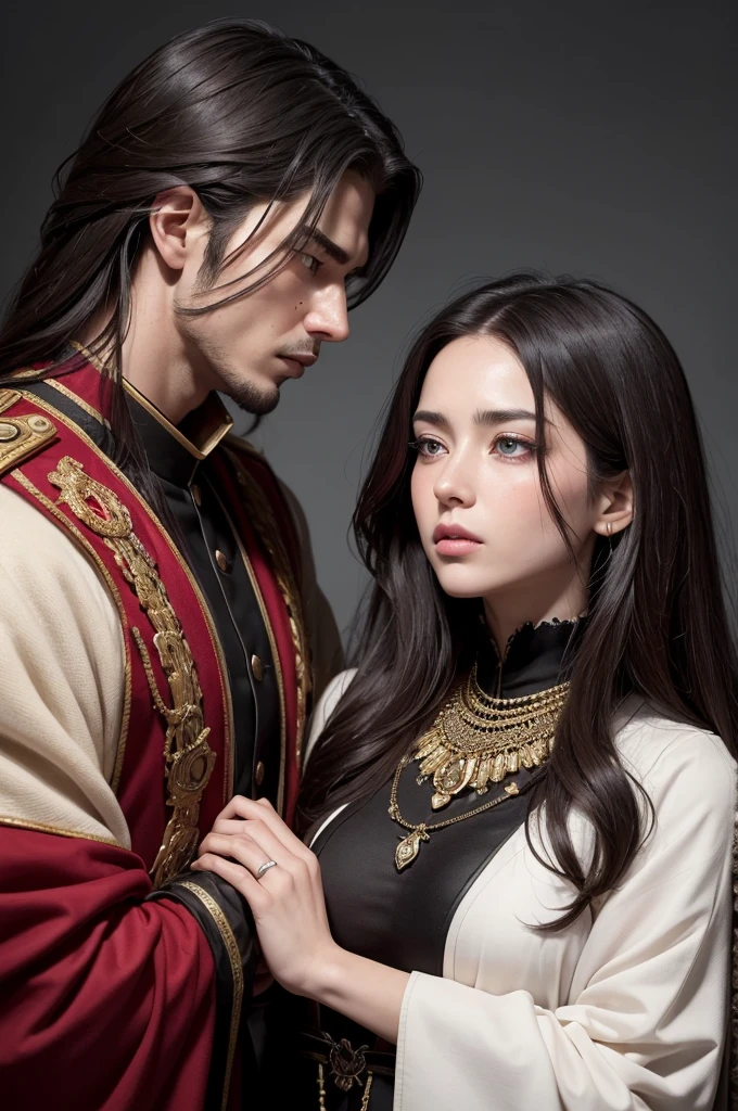two characters with no distinct facial features are in an intimate and tense interaction. The character on the left is leaning forward, bringing your face closer to the character on the right, About to kiss him. His expression looks serious and determined. with one hand, he firmly holds the other character&#39;s chin, keeping him in place and silencing any protests.

The character on the right, A sua volta, looks at the other with a mixed expression of surprise and apprehension. Your eyes are slightly wide, and your posture is rigid, suggesting resistance or hesitation in the face of the approach. The hand that holds you appears strong and dominant, highlighting the difference in intentions and emotions between the two. This scene captures a moment fraught with emotional and physical tension, where the strength of one imposes itself on the vulnerability of the other.

The character on the left looks like, This character is a young man with a striking and enigmatic appearance.. He has long, deep red hair that falls in uneven locks around his face and shoulders., giving it a dramatic and imposing look. Your skin is pale, further accentuating the vivacity of her hair and the depth of her eyes.



The most notable detail on his face is the heterochromia: your left eye is black, while the right eye is red, both expressing a mysterious and profound intensity. A visible scar cuts vertically down the right side of his face., starting from the eye to the jaw line, adding an element of history and suffering to your countenance.

His expression is serene, with a slight melancholy. He wears a complex and elaborate outfit, predominantly in red and white colors. Clothing includes a type of coat or cape, with ornate details that look metallic, and an equally ornate necklace around her neck. A decorative rope or chain wraps around your torso, suggesting a uniform or ceremonial attire.

He wears a black glove on his right hand, that is up
