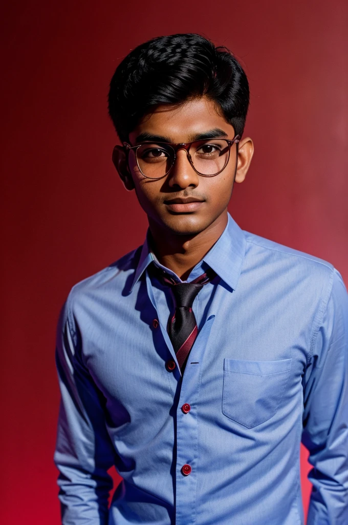 19 year old indian boy With fair skin Wearing spectacles and narrow body Posing for a linkedin picture in formals on red lighting background