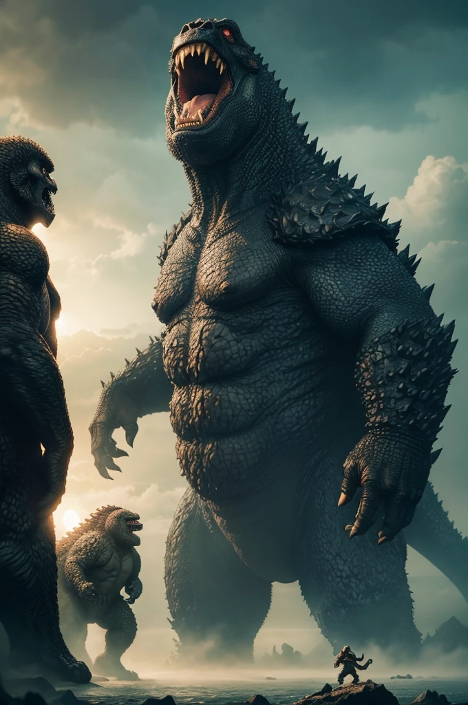Godzilla and King Kong battle giant monsters in the fog, kaiju battle, dinosaurs and godzilla, Liam Neson contra Godzilla, Adam and Eve vs.. Godzilla, phone wallpaper hq 4k, large titan creature in the center, monsters in the background, battle, wojtek fus, art cg, Comparado com King Kong Skull Island (2017), Godzilla