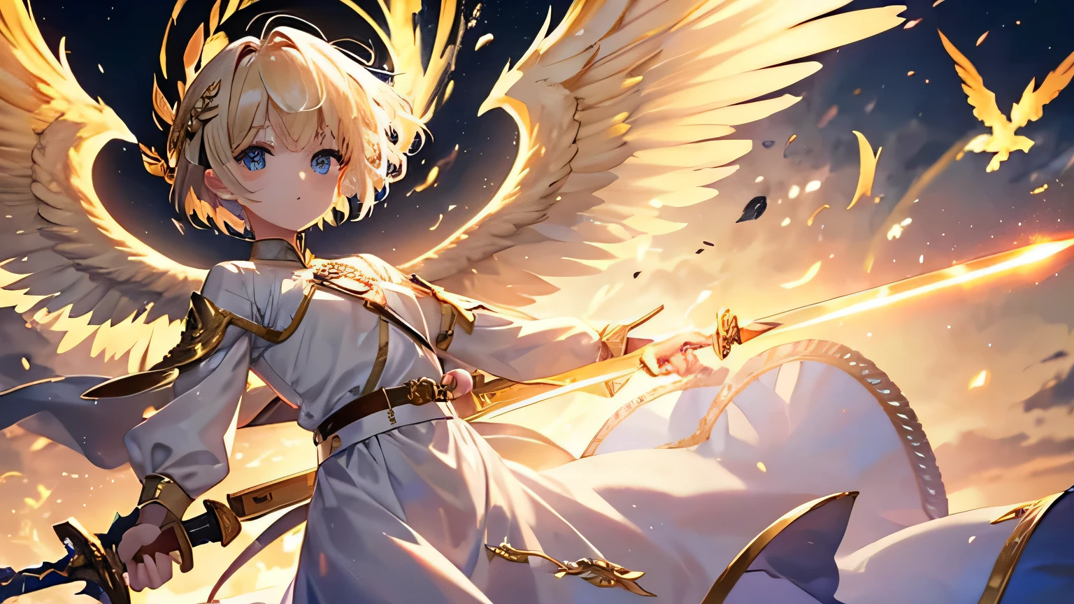 Masterpiece、Angel girl holding a sword sideways、Angel Wings、Golden flames around the sword、Blonde、short hair、looking at the camera、White angel clothes、Baby Face、Top left patch