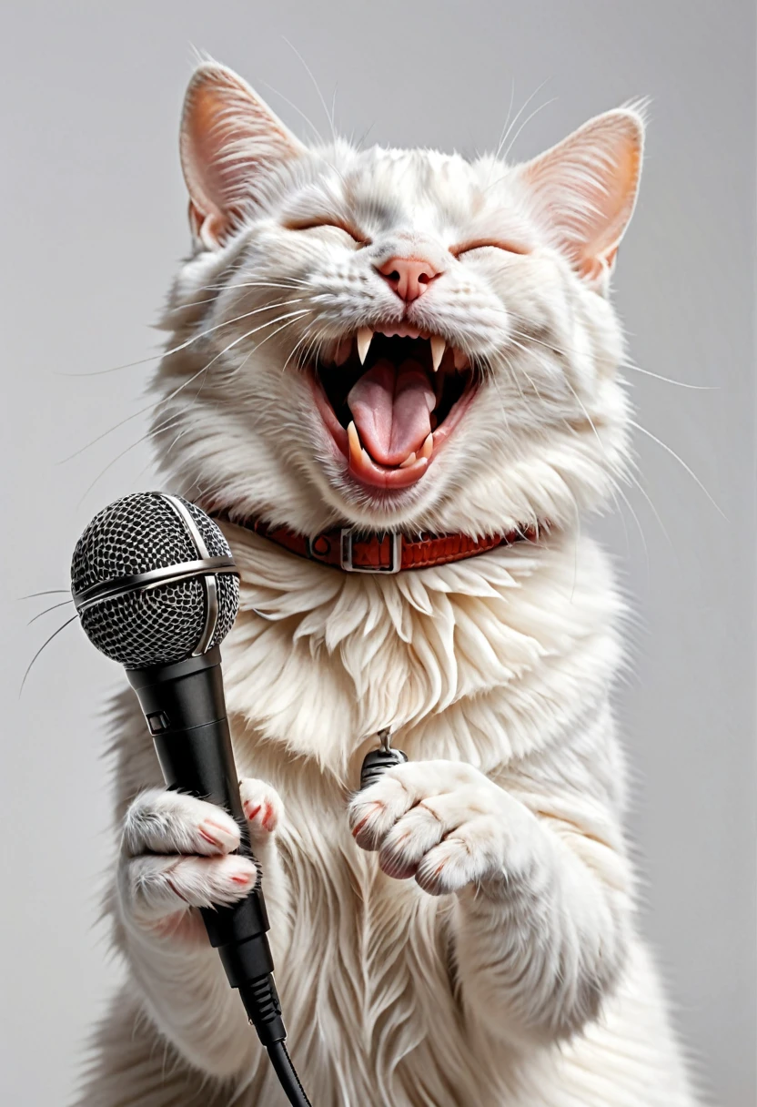 amazing quality, ultra detailed, super realistic, cat rock , happy cat, cute cat, white cat, kind and cutty cat, concert, smile, singing, extremely detailed, there is a cat that is singing song, happy cat, a cat is smiling, smiling cat, happy with his mouth open, funny cat, soft lulling tongue, cat photo, laughing and yelling, cute cat photo, with mouth open, cat, smileeeeeee, photo of a cat, white background, music playing, cat singing with microphone, mouse open, realistic cat. eyes closed in pleasure