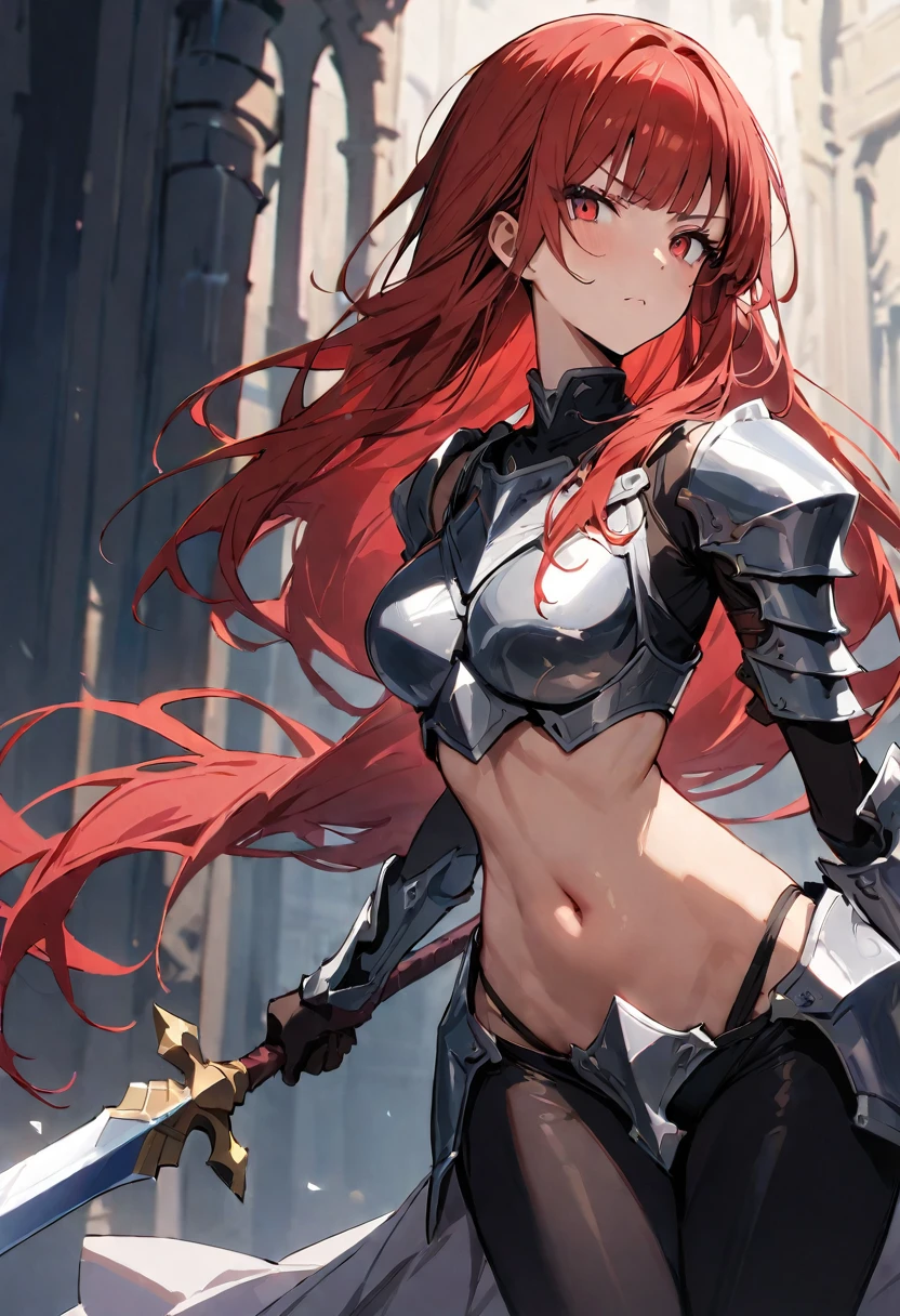 ((masterpiece,Highest quality:1.3)),cowboy shot,1woman,30 year old beauty,female knight,((very small head:1.2)),red hair,long hair,low ponytail,blunt bangs,red eyes,gorgeous eyes,Serious expression,medium breasts,((very long body:1.2)),((toned body,slender body,skinny)),gleaming skin,shiny skin,iron bikini armor、Iron Gauntlet、navel,Holding a sword、An accurate depiction of a knight&#39;s sword、standing,grassland、A Lot of Knights、sunny、battlefield、Medieval Europe、