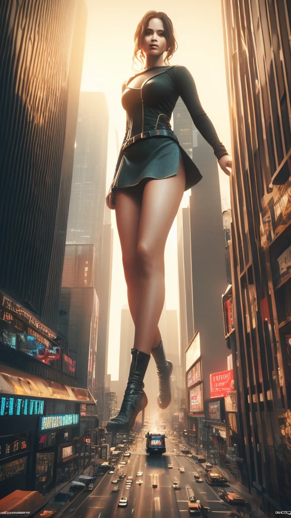 A giant woman sitting on the street playing with a cyberpunk city car, Little guys running around the giant girl, Standing on her hand, cgsociety 9, fantasy art, unreal engine render + a female spirit, whole body cgsociety, artgerm ; Surreal content, giant art, super detailed matte paintings, super detailed matte paintings, realistic fantasy art, realistic style. Beautiful girl. Big thighs."Small people standing on the roof of a tall building waving to the girl."Wearing short skirts.Jennifer Lawrence.