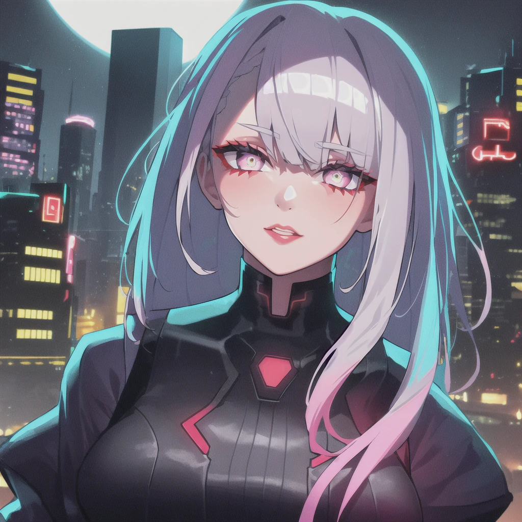 lucy \(cyberpunk\), 1girl,  hair scrunchie, hime cut, silver hair, colored tips, full moon, grey eyes, jacket, long sleeves, looking at viewer, medium hair, multicolored hair, parted bangs, parted lips, pink hair, portrait, red eyeliner, red lips, solo, white jacket, cyberpunk \(series\), rainy night in a cyberpunk city with glowing neon lights

 