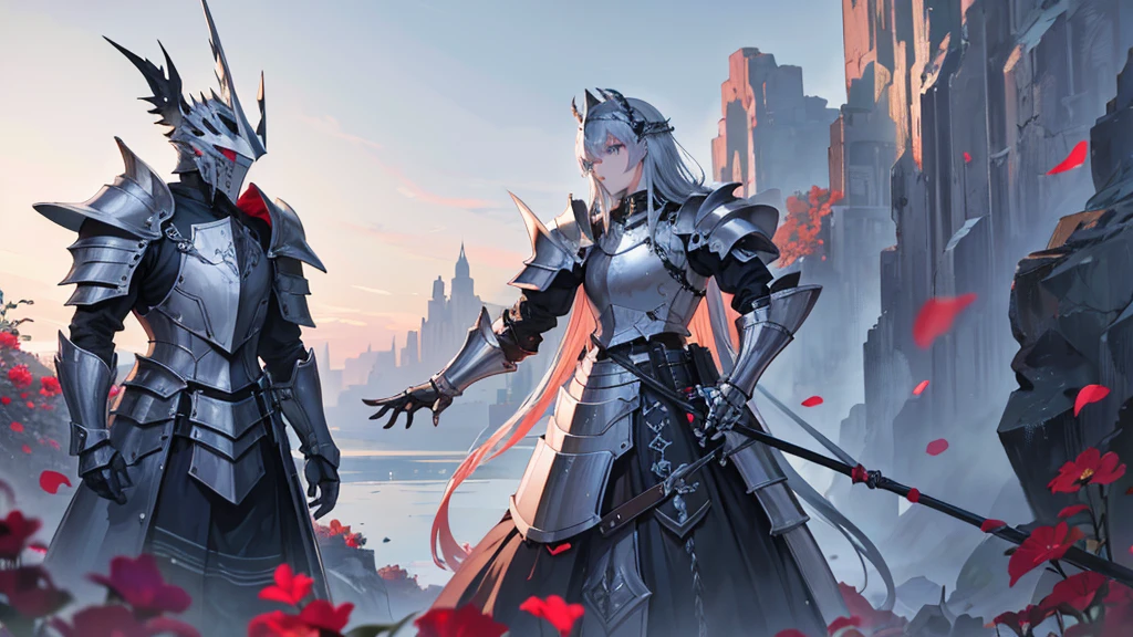 absurdres, high res, ultrasharp, 8K, masterpiece, 5 fingers each hand, 1 knight, 1 male, armor, full plate armor, flower field background, full head helmet, not holding anything