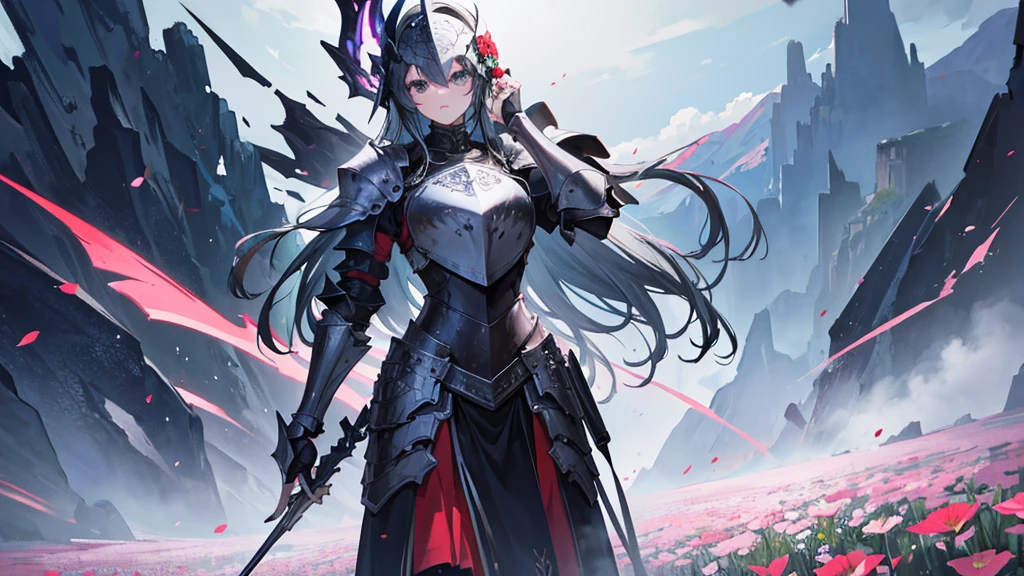 absurdres, high res, ultrasharp, 8K, masterpiece, 5 fingers each hand, 1 knight, 1 male, armor, full plate armor, flower field background, full head helmet, not holding anything