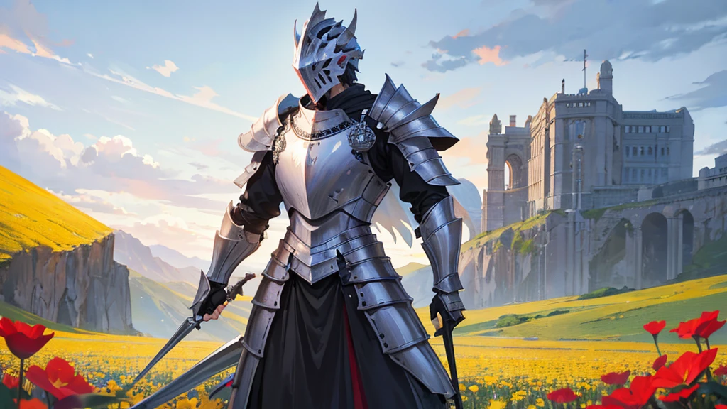 absurdres, high res, ultrasharp, 8K, masterpiece, 5 fingers each hand, 1 knight, 1 male, armor, full plate armor, flower field background, full head helmet, not holding anything