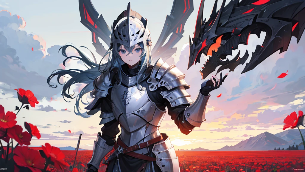 absurdres, high res, ultrasharp, 8K, masterpiece, 5 fingers each hand, 1 knight, 1 male, armor, full plate armor, flower field background, full head helmet, not holding anything 