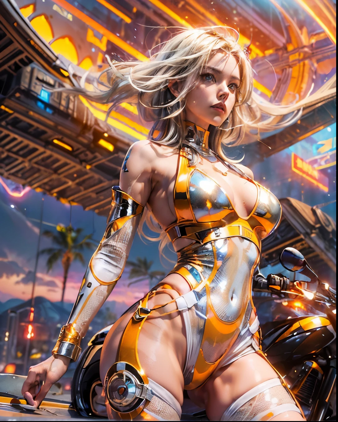 (((low angle shot))), ((1 woman staring at camera in a one piece ultra thin translucent bikini with gorgeous muscular long legs)), ((white gold orange black)), prismatic, reflective, ((ultra perfect flowing hairstyle)), (((huge natural breasts))), ((perfect radiant skin color)), ((super colourful)), (((cinematic sunset gorgeous skies))), (((detailed spaceship background and incredibly sci-fi retro art masterpiece))), (((1:1 scale proportions))), ((science fiction)), ((chrome spaceships)), (((ultra photorealistic realism))), ((Smooth curves, clean lines, streamlined, functional aesthetics, reflective surfaces, integrated lighting, giant floating spaceships, engraved Egyptian and spiritual motifs)), ((acrylic plastic motorcycle))