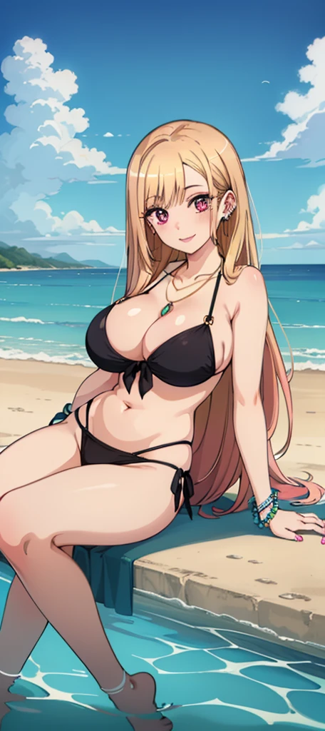 , quality, highres, 1girl, solo focus, (huge breasts:1.2), , KitagawaMarin,
1girl, light smile, closed mouth,
multicolored hair, blonde hair, long hair, magenta eyes, ear piercing, earrings, pink nails, makeup, 1girl, swimsuit, bikini, breasts, solo, jewelry, dark_skin, ocean, long_hair, necklace, navel, day, blue_bikini, side-tie_bikini_bottom, earrings, outdoors, sky, , , , sitting, blue_sky, medium_breasts, bracelet, arm_support, hand_on_own_chest, , beach, , horizon, , watercraft, water, lips