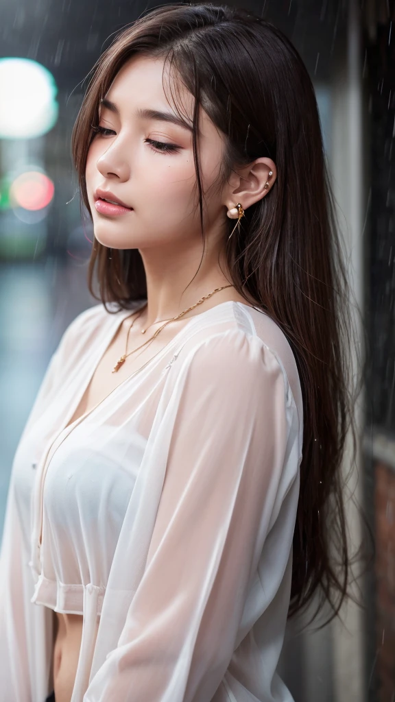 A beautiful 20-year-old woman with long brown hair and brown eyes. She has brown eyeshadow, a light pink blush on her cheeks, and a beauty mark under her left eye. She is standing in heavy rain, with her face and hair drenched. She is wearing a white blouse, a necklace, and earrings with piercings on her earlobes. The blouse is soaked, becoming translucent and clinging to her skin. The rain creates a cinematic glow with detailed raindrops and a dim, rainy atmosphere.closed eyes.