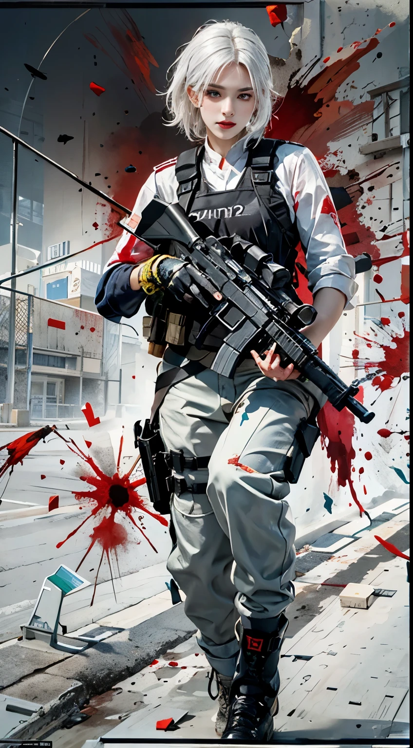 Photorealistic, high resolution, 1womanl, Solo, Hips up, view the viewer, (Detailed face), White hair, SWAT vests, Gun, jewelry, blood splashed, blood splashing