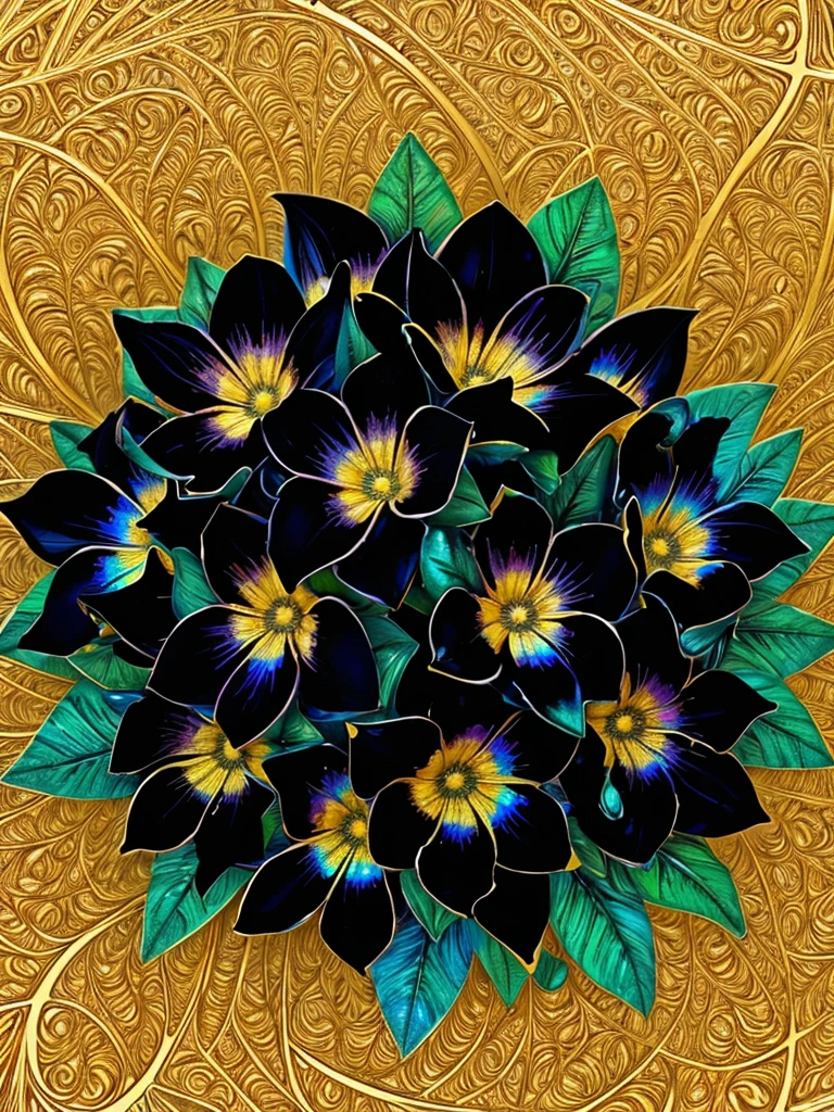 black tropical flowers made of transparen color liquids, an attractive iridescent fractal universal gold background, pov, masterpiece