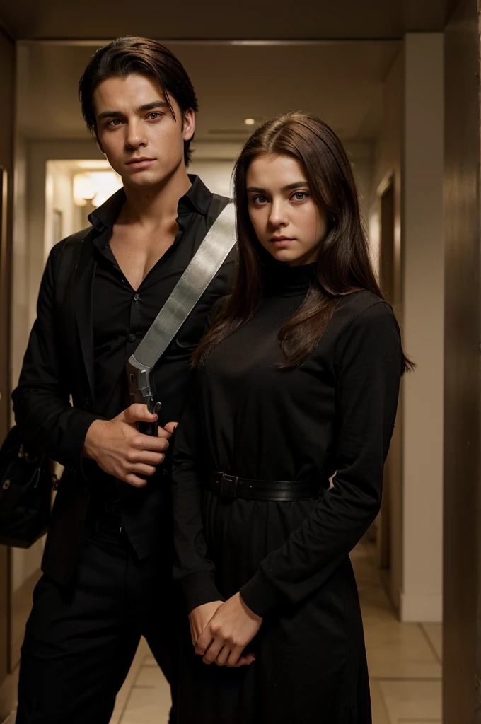 A handsome GUY 22 years old with manly black hair and black eyeballs wearing a suit. He is hold a gun. and a beautiful girl 18 years old with hazel eyes and long honey brown hair. She’s wearing black dress with long sleeves and dencent modest style. Next to each other and the man's expression is cold and flat, looks so grumpy mad. the GIRL's expression is fearful. Realistic art style. Background mansion. 
