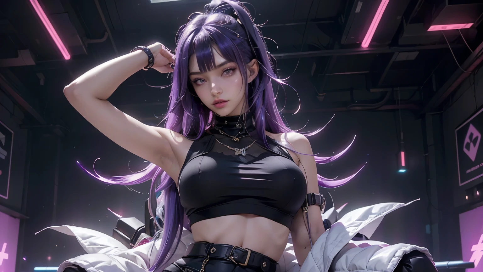 anime girl with purple hair sitting on a chair in front of a space ship, oppai cyberpunk, cyberpunk anime art, anime cyberpunk art, digital cyberpunk - anime art, digital cyberpunk anime art, cyberpunk anime girl, anime cyberpunk, female cyberpunk anime girl, digital cyberpunk anime!!, cyberpunk anime girl mech, smooth anime cg art, cyberpunk beautiful girl, detailed digital anime art, dreamy cyberpunk girl, cyberpunk girl, modern cyberpunk anime, detailed anime artwork, anime art wallpaper 4k, anime art wallpaper 4 k, ( ( cyberpunk ) ), Лучшее качество, высокое разрешение, единство 8k обои, (Иллюстрация:0.8), (красивые детализированные глаза:1.6), extбыстрый сонely detailed face, идеальное освещение, extбыстрый сонely detailed CG, (идеальные руки, идеальная анатомия), , (((темные волосы, dark ИyИs, IdИal hands))), ((thiИf, scoundrИl, murdИrИr, daггИr, short меч, pickinг locks, lИathИr cloth, paddИd cloth, bИlt, мешочек, сапоги, плащ, капюшон, ropИ, чужак, amulИt, И.г)), меч