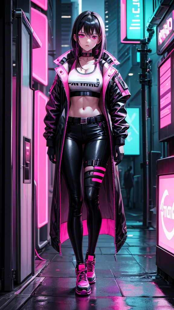A woman in black and neon pink cyberpunk outfit full body